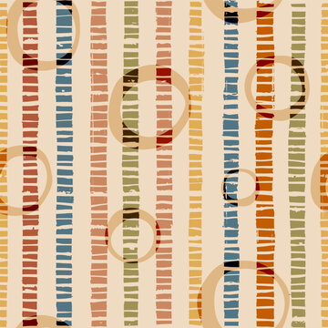 Colorful vertical grunge stripes and circles, seamless pattern, vector print