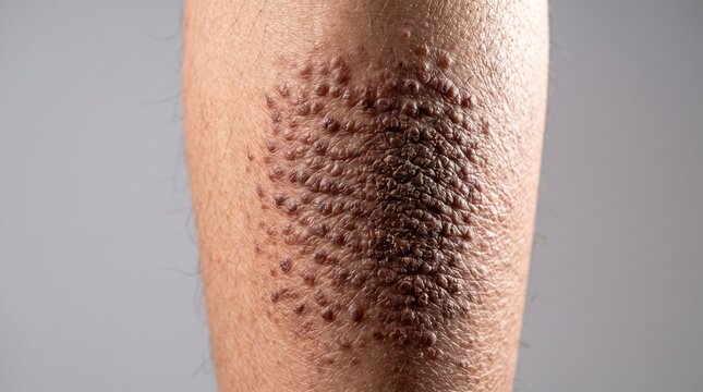 Close up of lichen amyloidosis hyperpigmented hyperkeratotic papules plaque on shin leg