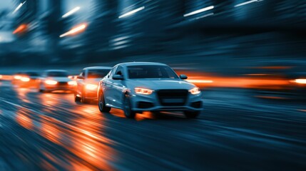 Fototapeta premium Three cars speeding on a wet city street at night, with motion blur and vibrant light trails creating a dynamic, fast-paced urban scene.