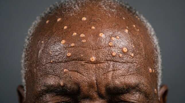 Close up frontal view of senior Black man forehead with multiple molluscum contagiosum papules