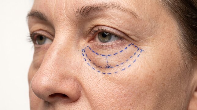 Close up view of female eye area marked with blue surgical surgical dashed lines for blepharoplasty surgery