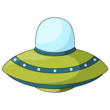 Green ufo spaceship with blue dome window and metal rivets isolated vector illustration