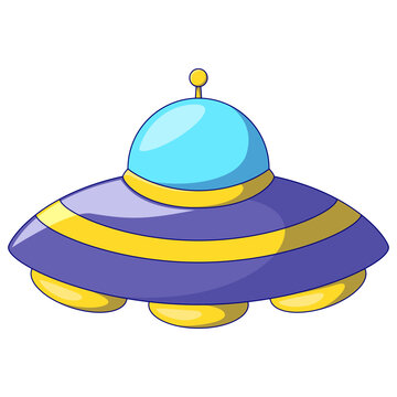 Purple ufo spaceship with yellow stripes and antenna dome isolated vector illustration