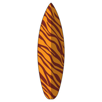 Orange surfboard with dark tiger stripe pattern for surfing and ocean sports recreation
