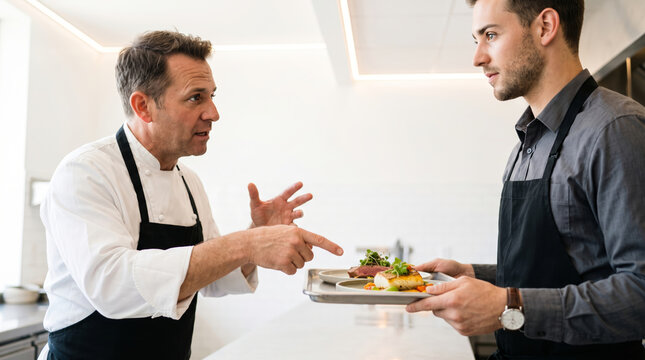 Professional chef criticizing waiter holding food tray in restaurant