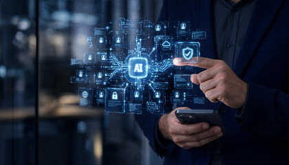 Fototapeta premium Business professional managing AI governance with digital interface. Corporate leader overseeing responsible AI policies.