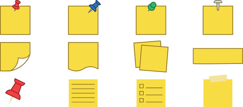 Sticky note collection yellow post memo paper reminder pad thumbtack push pin office supply checklist message template board vector illustration.