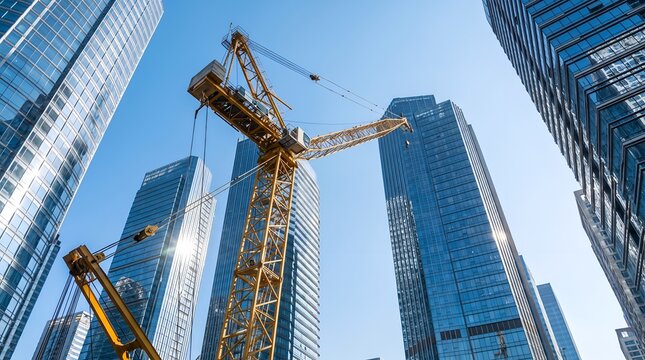 Yellow construction crane towering amidst modern glass skyscrapers in a vibrant city, symbolizing urban development and progress.