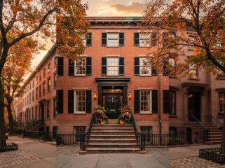 Naklejka premium Red brick townhouse entrance with staircase and autumn trees