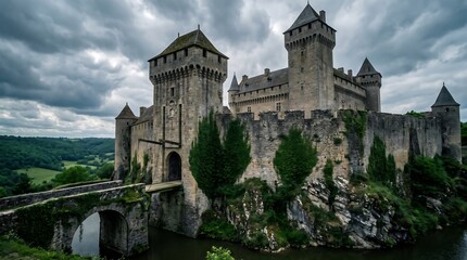 Medieval castle with stone towers and drawbridge on a rocky river cliff © dewi