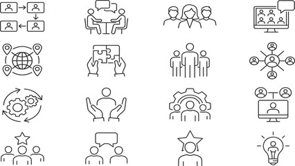 Fototapeta premium Business teamwork and corporate management thin line icon vector set featuring collaboration meeting leadership puzzle and network elements isolated on white