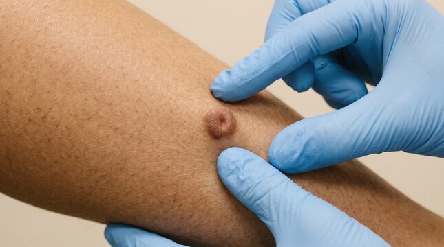 Dermatologist wearing blue medical gloves examining raised dermatofibroma lesion on patient leg