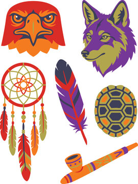 Native American inspired symbols eagle wolf dreamcatcher feather