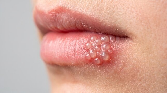 Extreme close up of herpes labialis cold sore cluster of small fluid vesicles on lip