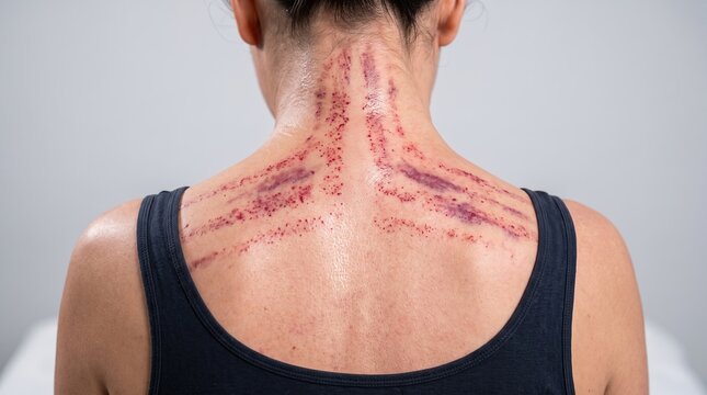 Back view of woman upper back and neck with red purple marks from gua sha therapy