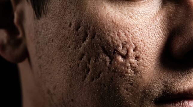 Extreme close up view of deep rolling and ice pick acne scars on male cheek
