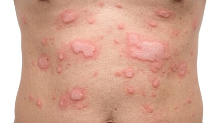 Fototapeta premium Front view of male abdomen with extensive urticaria hives allergic skin reaction wheals