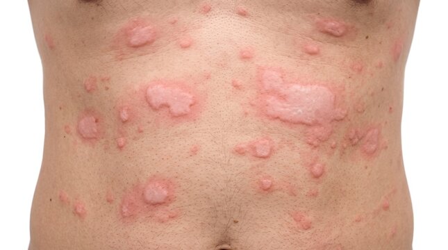Front view of male abdomen with extensive urticaria hives allergic skin reaction wheals