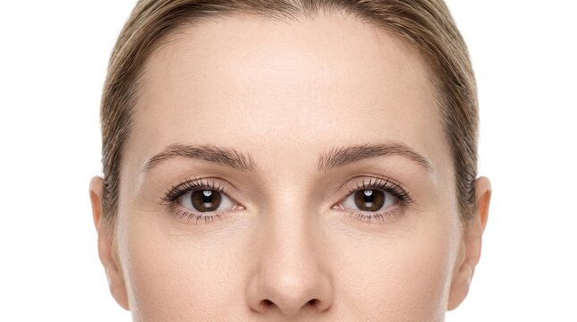Frontal close up view of woman forehead and brown eyes showing fine lines