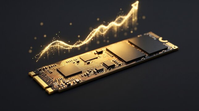 M.2 NVMe SSD memory card with golden glowing particles upward financial graph