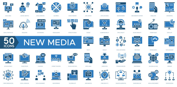 New Media Line Icon Set &ndash; Digital Content, Social Media and Online Communication Vector