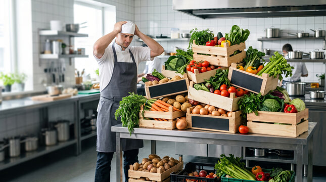 Stressed chef looking at excess vegetables in commercial kitchen