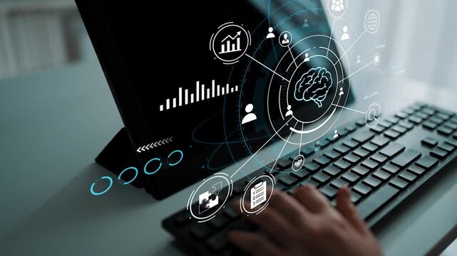 Concept of modern technology integration and human interaction with digital elements showcasing data analysis and artificial intelligence in a professional setting. Entropy.