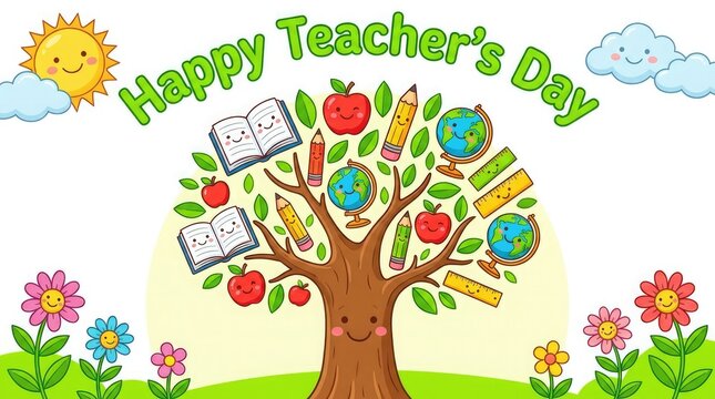 Happy Teacher's Day colorful tree illustration