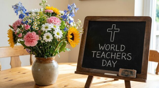 World Teachers Day chalkboard with flowers