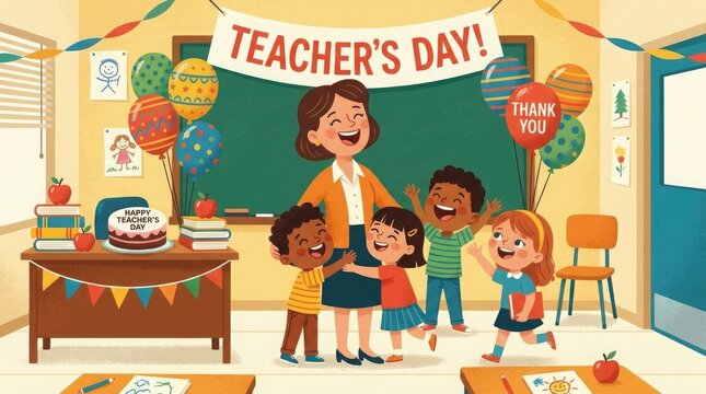 Happy teacher with students celebrating Teacher's Day