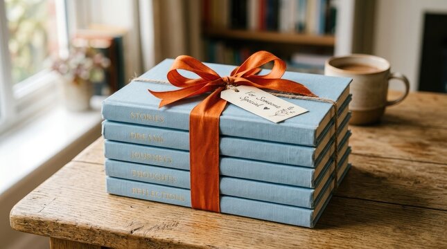 Gift box with orange ribbon on wooden shelf