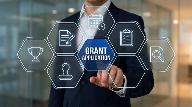 Businessman touching grant application text on virtual screen display
