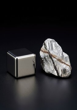 A polished metallic holmium cube sits next to a piece of raw rare earth mineral ore on a dark surface under dramatic studio lighting, ore, macro, polished