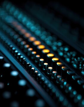 Rows of metallic knobs and buttons, illuminated with blue and orange light