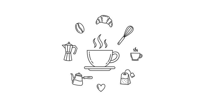 Circular layout of coffee brewing and pastry icons.