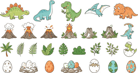 Cute Dinosaur Vector Clipart Set with Cartoon Prehistoric Animals, Erupting Volcanoes, Tropical Palm Leaves, and Spotted Hatching Eggs for Kids Birthday Invitation Designs © EdGe Creative