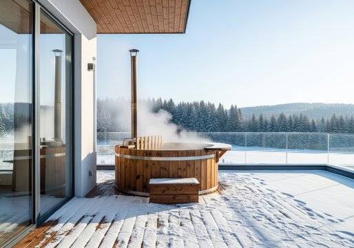 A rustic wooden hot tub sits on a modern house terrace during winter. Steam rises into the cold air as soft snow covers the wooden deck, cedar, nature, cold