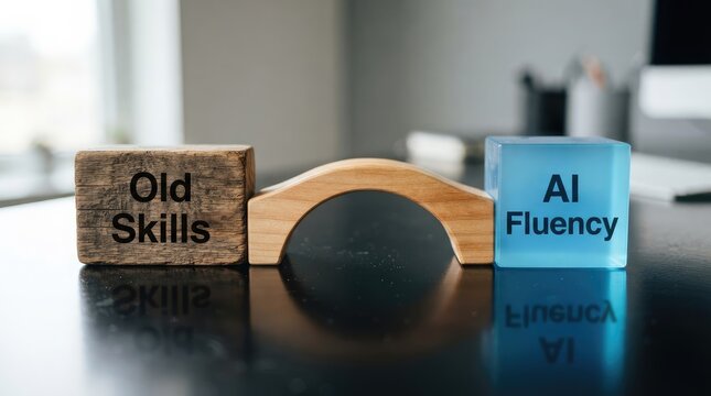 Balancing traditional craftsmanship and modern artificial intelligence proficiency on sleek surface with labeled fluency balanced modern indoor background