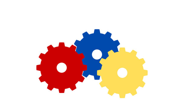 Three Color Gears Icon Transparent Background Red Blue Yellow System Process Teamwork Settings