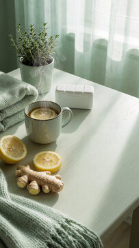 Steaming lemon and ginger tea in a ceramic mug on a white wooden table by a sunlit window, mint green knit blanket and fresh ginger root, cozy winter self care, 窓辺の朝日が差し込む白い木のテーブルに置かれた湯気立つレモンと生姜のホットティ