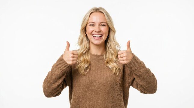 Happy young woman with blonde hair wearing a brown sweater showing two thumbs up gesture isolated on white background