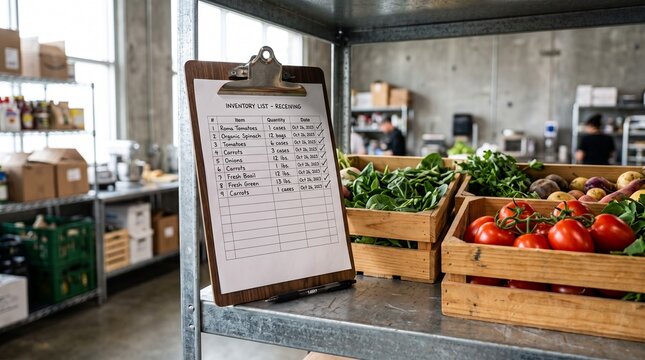 Clipboard with inventory list next to vegetable crates in pantry