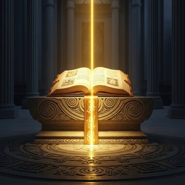 A thick ancient book rests upon a massive stone altar inside a grand sanctuary, illuminated by powerful golden rays of celestial light, dust, leather, particles