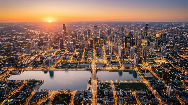 An aerial photograph captures a stunning nighttime view of Chicago, Illinois. The city sprawls across the foreground, illuminated by countless lights.