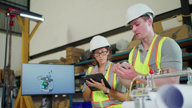Engineering professionals measure precision parts while reviewing production data on a tablet in an industrial workshop.