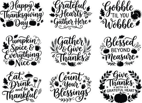 Set of nine hand lettered thanksgiving quotes and phrases with decorative fall foliage and pumpkin elements