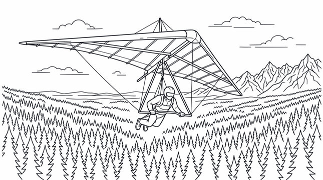 Hang glider soaring over dense evergreen forest and mountains.
