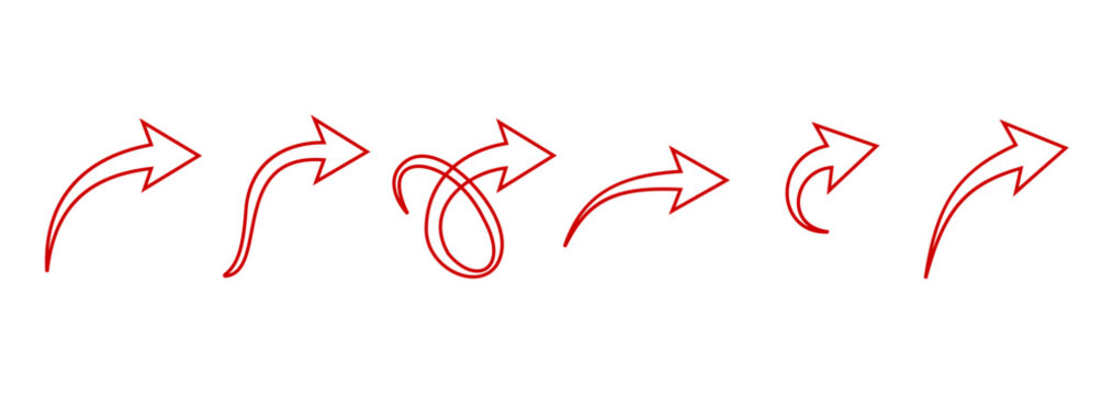 Hand drawn curved arrow collection with sketch direction symbols isolated on white background