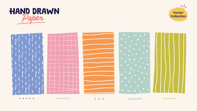 Hand drawn paper texture collection with colorful seamless abstract patterns isolated on white background