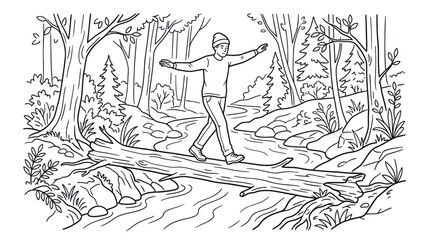 Man balancing on fallen log bridge over forest stream. © Bromen